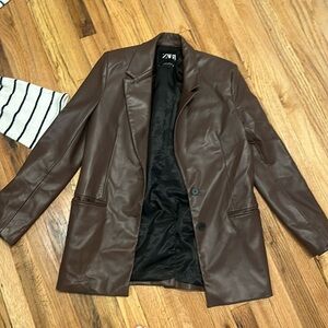 Brown leather blazer Zara